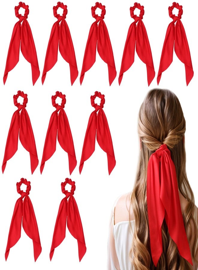 LFOUVRE Red Scrunchie with Bow - 10 PCS Hair Bows for Women Satin Hair Ribbons & Bow Hair Ties Hair Accessories for Women (Red) - Image 1